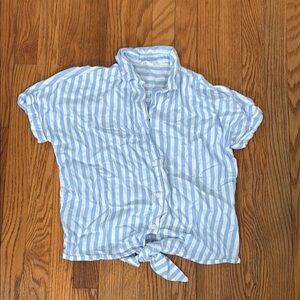 beachlunchlounge Front Tie‎ Stripe Short Sleeve Button-Up Shirt gingham blue  XS
